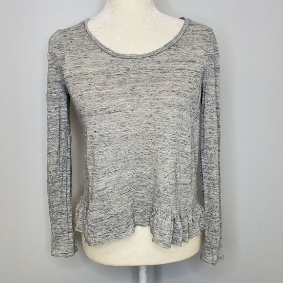 REBECCA TAYLOR linen top heathered gray long sleeve jersey ruffle shirt XS - Picture 2 of 7